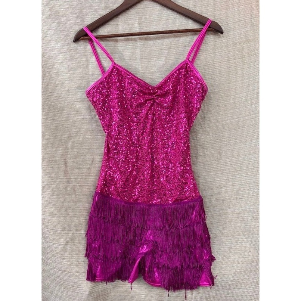 Weissman Pink Sequin Fringe Dance Costume Performance Leotard MA